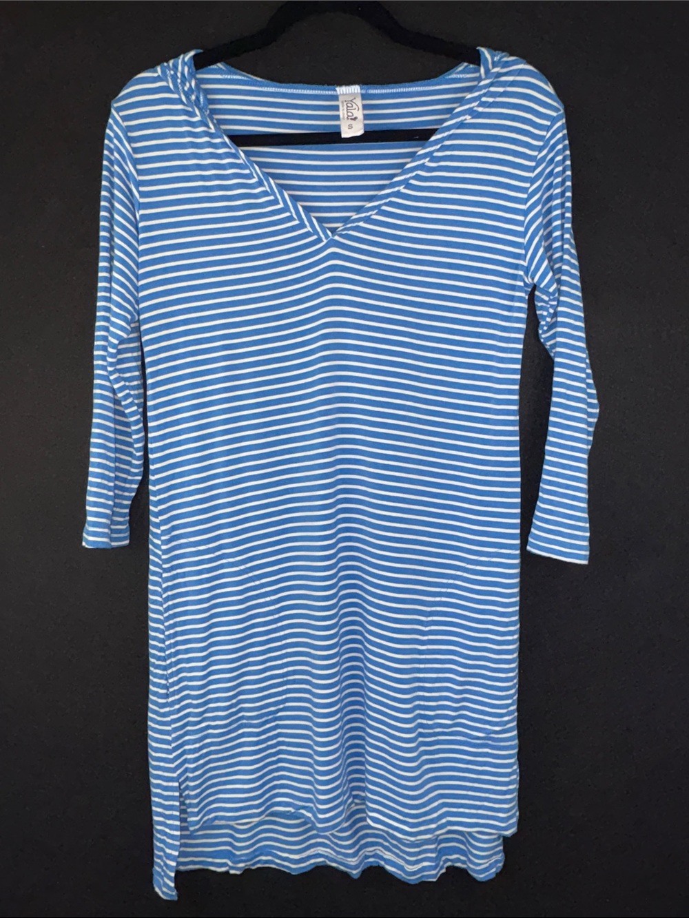 Yala Mid Blue (Turquoise) and White Striped Midi Tunic Dress Bamboo 3/4 Sleeves